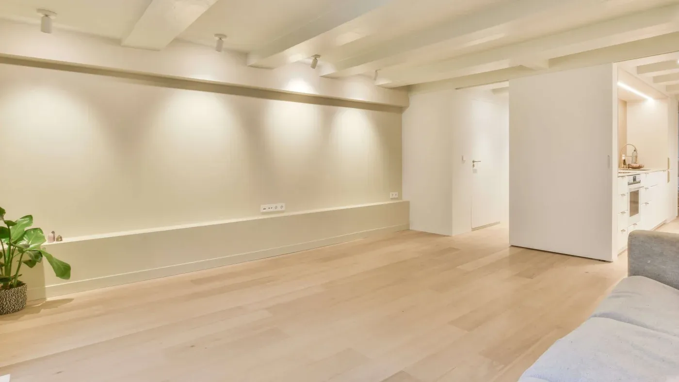 Minimalist room with light wood flooring, cream walls, and recessed ceiling lights creating a warm ambiance. A green plant adds a touch of life.