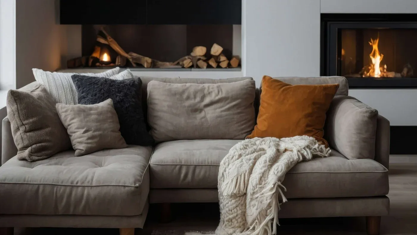 A cozy living room features a beige sectional sofa adorned with assorted pillows and a knitted throw. A lit fireplace and stacked wood create a warm ambiance.
