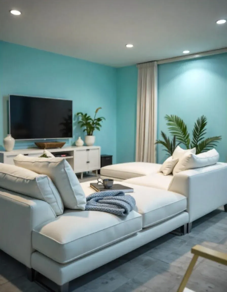 Modern living room with a turquoise accent wall, white sectional sofa, cozy pillows, and plants. A flat-screen TV is mounted on the wall, exuding serenity.