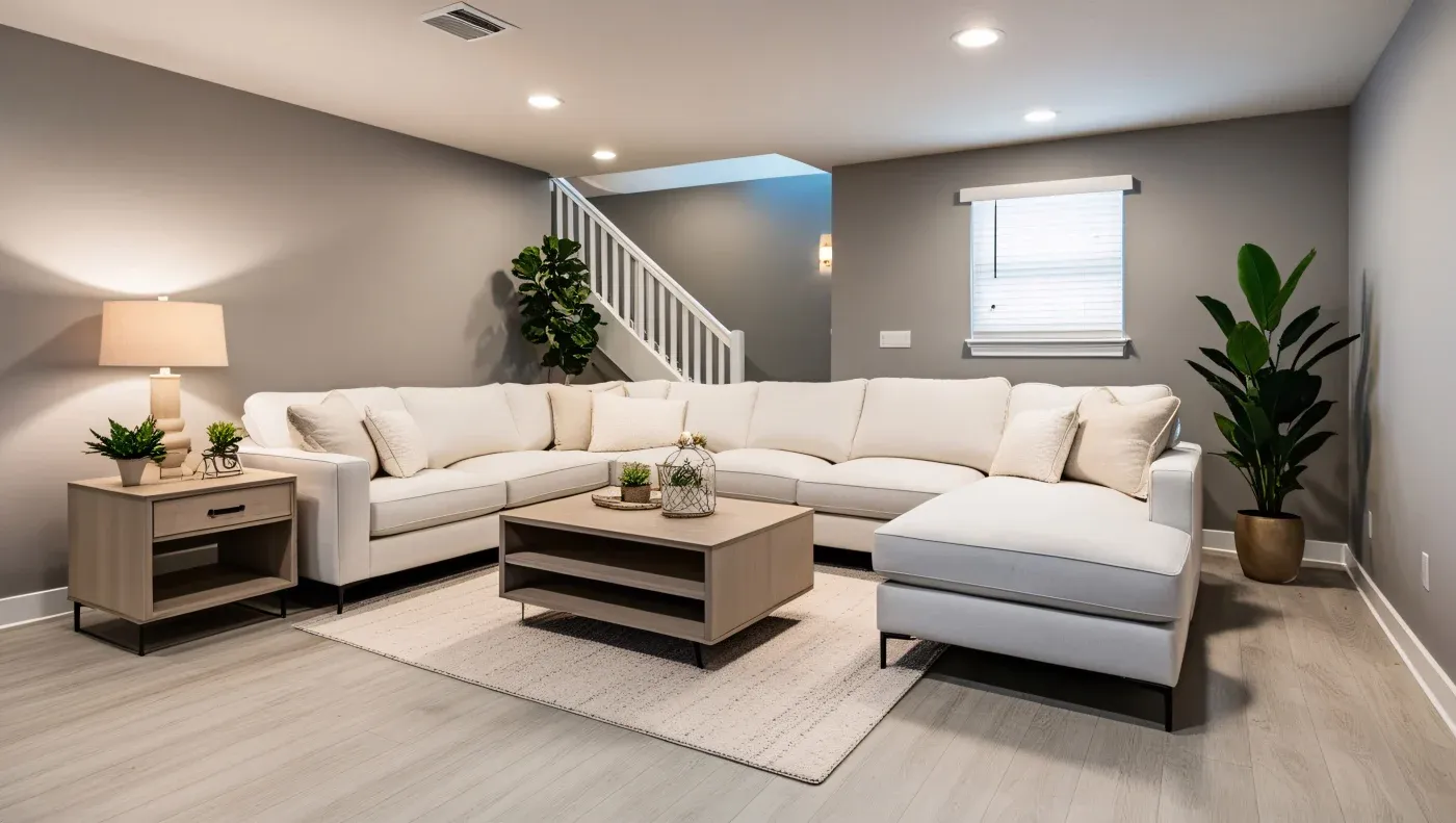 Modern living room with a large white sectional sofa, beige walls, and wooden furniture. Plants add greenery next to a staircase. Bright, cozy ambiance.