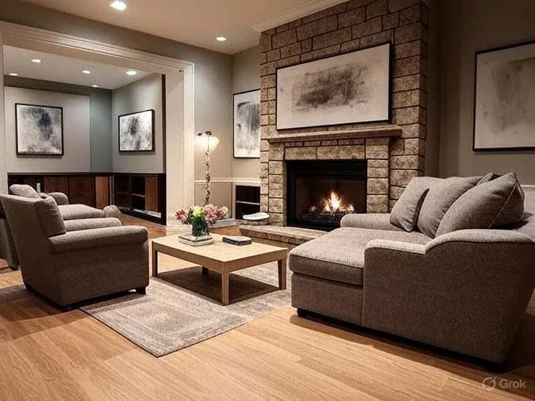 Cozy living room with a stone fireplace, lit fire, two gray sofas, and a wooden coffee table. Abstract art decorates the neutral-toned walls.