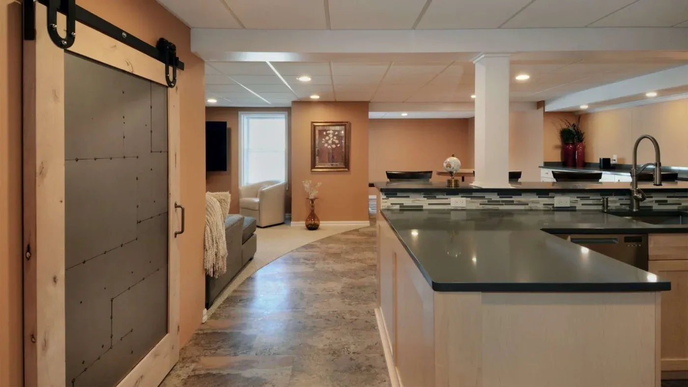Modern basement with warm lighting, featuring a sleek black countertop kitchen, cozy seating area, art piece, and barn-style sliding door. Elegant and inviting.