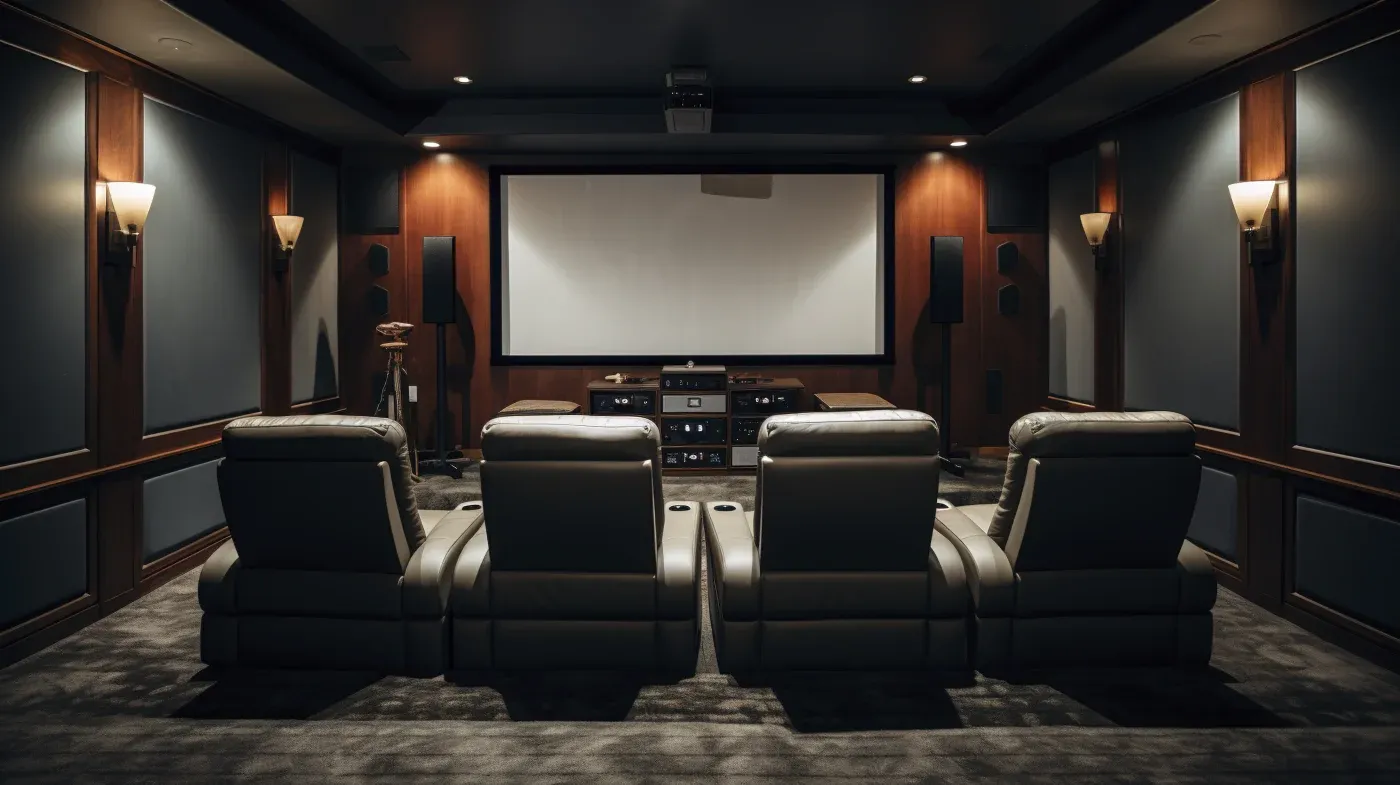 A luxurious home theater with four leather recliners facing a large screen, flanked by wooden paneling and soft lighting, creating a cozy ambiance.