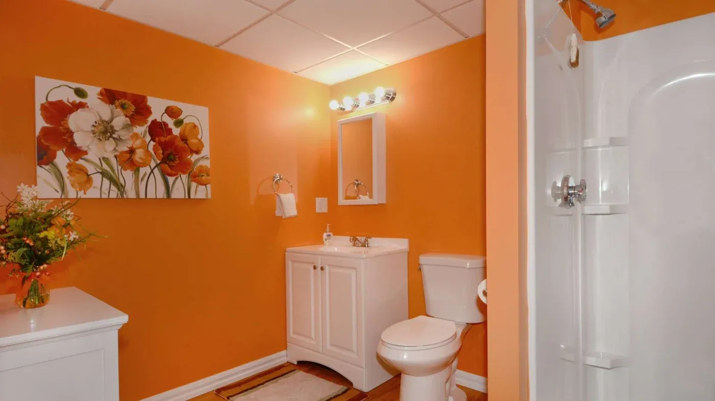 A bright orange bathroom with a white sink and toilet. Floral artwork and flowers add warmth, alongside a shower and vanity mirror, creating a cozy vibe.