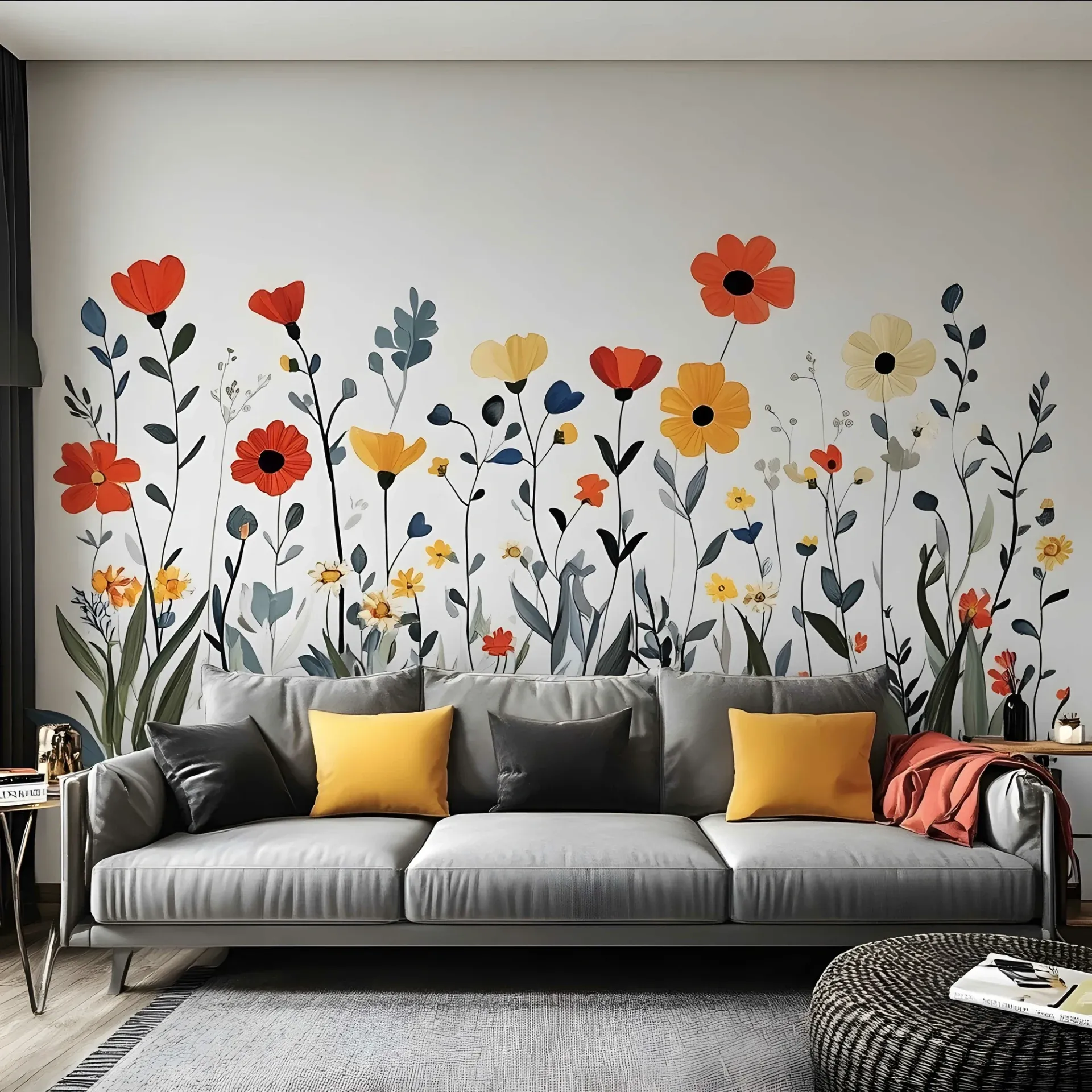 A stylish living room with a gray sofa adorned with yellow and black pillows. Behind is a vibrant mural of red, yellow, and orange flowers, creating a lively atmosphere.