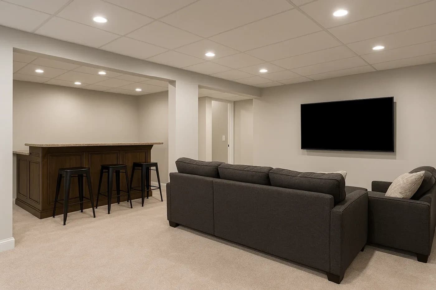 Modern basement with a cozy gray sofa facing a large TV. A wooden bar with stools is on the left. Bright ceiling lights provide a welcoming ambiance.