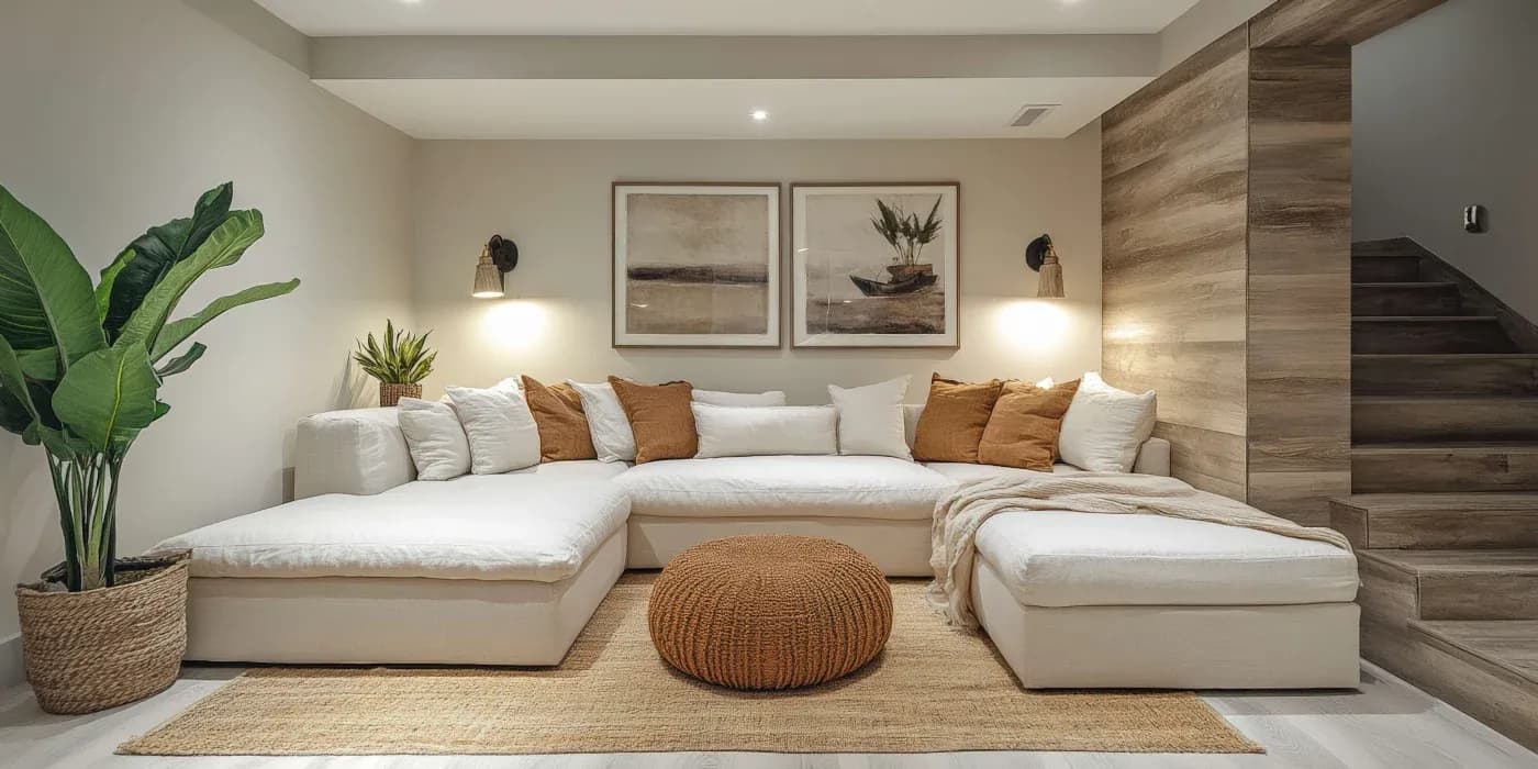 A cozy living room with a large white sectional sofa, brown cushions, a woven round ottoman, and two framed artworks. Soft lighting and potted plants create a warm ambiance.