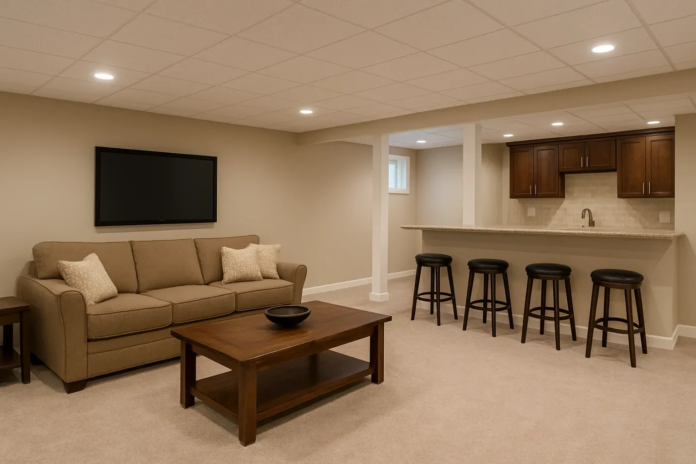 A cozy basement with beige walls and carpet. It features a brown sofa, a wooden coffee table, and a flat-screen TV. A bar area with stools and dark wood cabinets is seen in the background, creating a welcoming and relaxing atmosphere.