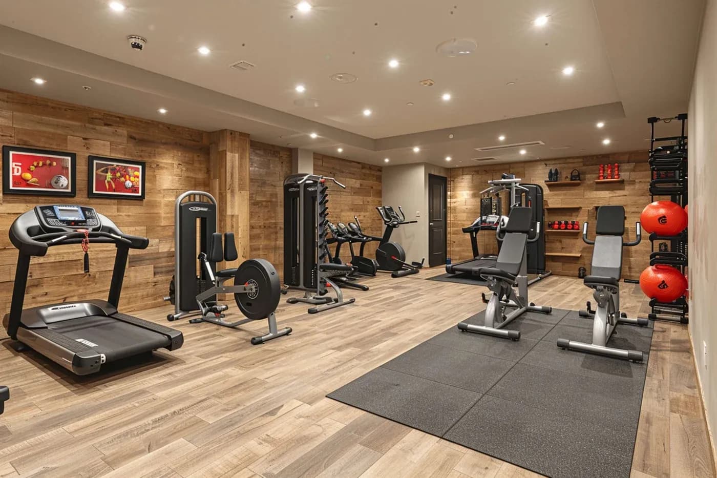Modern gym with wooden accents features treadmills, weight machines, red exercise balls, and soft lighting. Bright, organized, and inviting space.