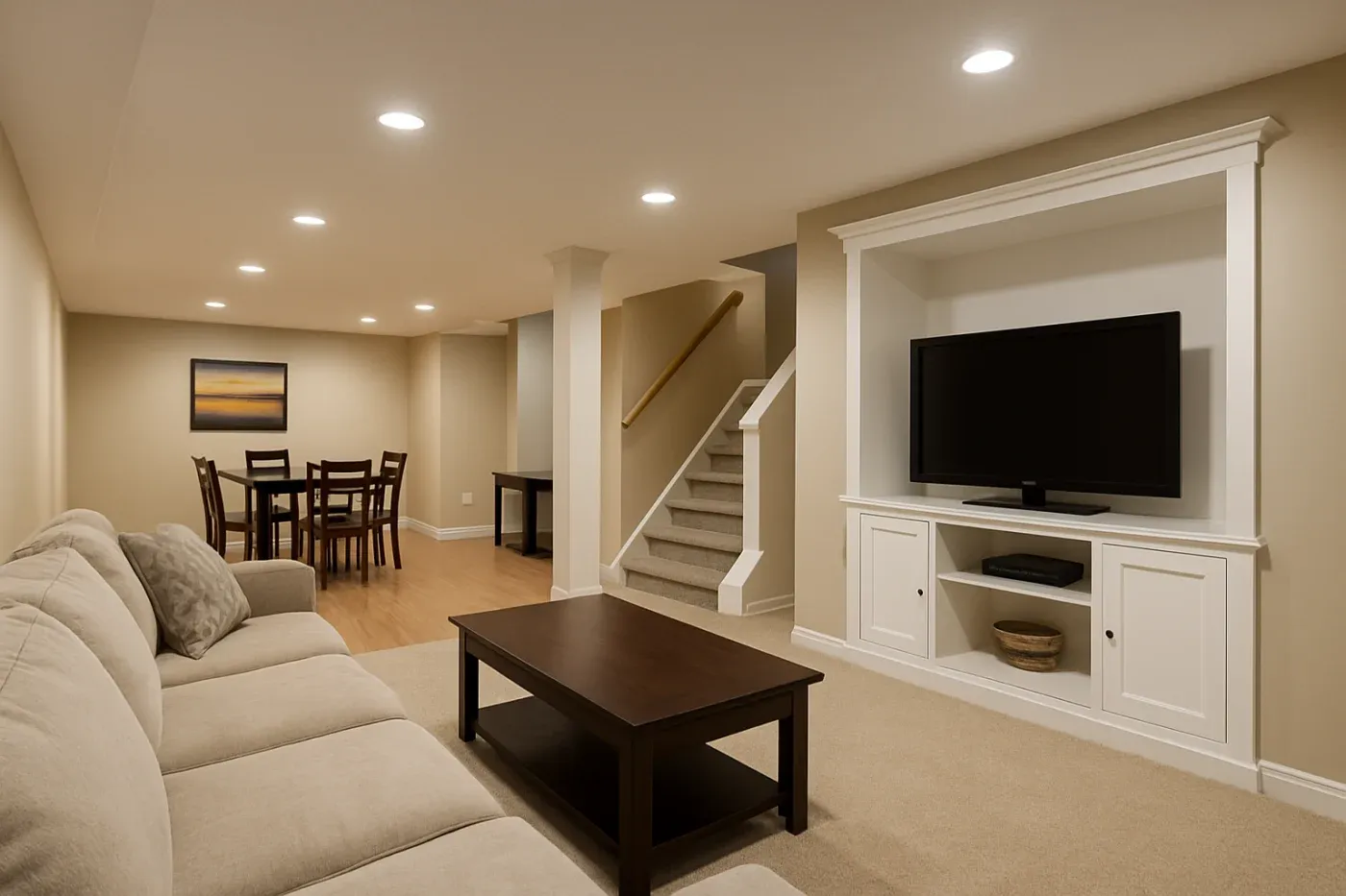 A cozy basement living area with beige walls features a plush sofa, a large TV on a white entertainment unit, a wooden coffee table, and a dining table set in the background. Recessed lighting creates a warm ambiance, while stairs lead upward, adding depth to the room.