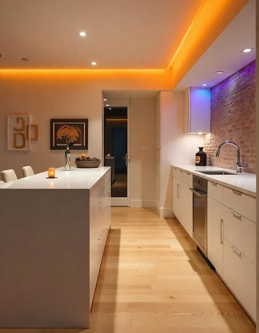 Modern kitchen with warm lighting, featuring white cabinets, a sleek island with a candle, brick accent wall, and wood flooring. Cozy and inviting atmosphere.