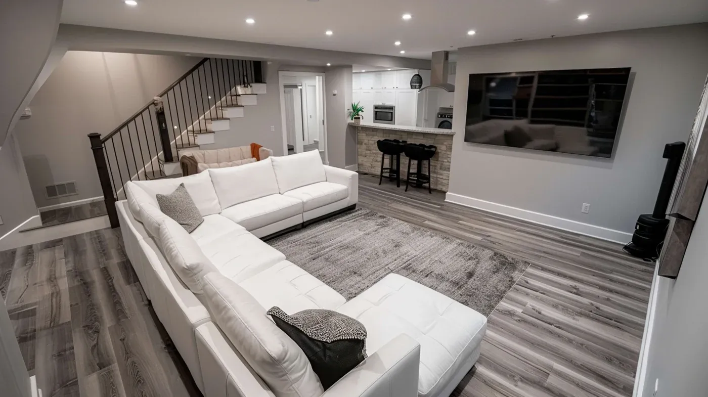 A modern basement living room with a large white sectional sofa on a gray rug, a wall-mounted TV, sleek wood floors, and an adjacent open kitchen.