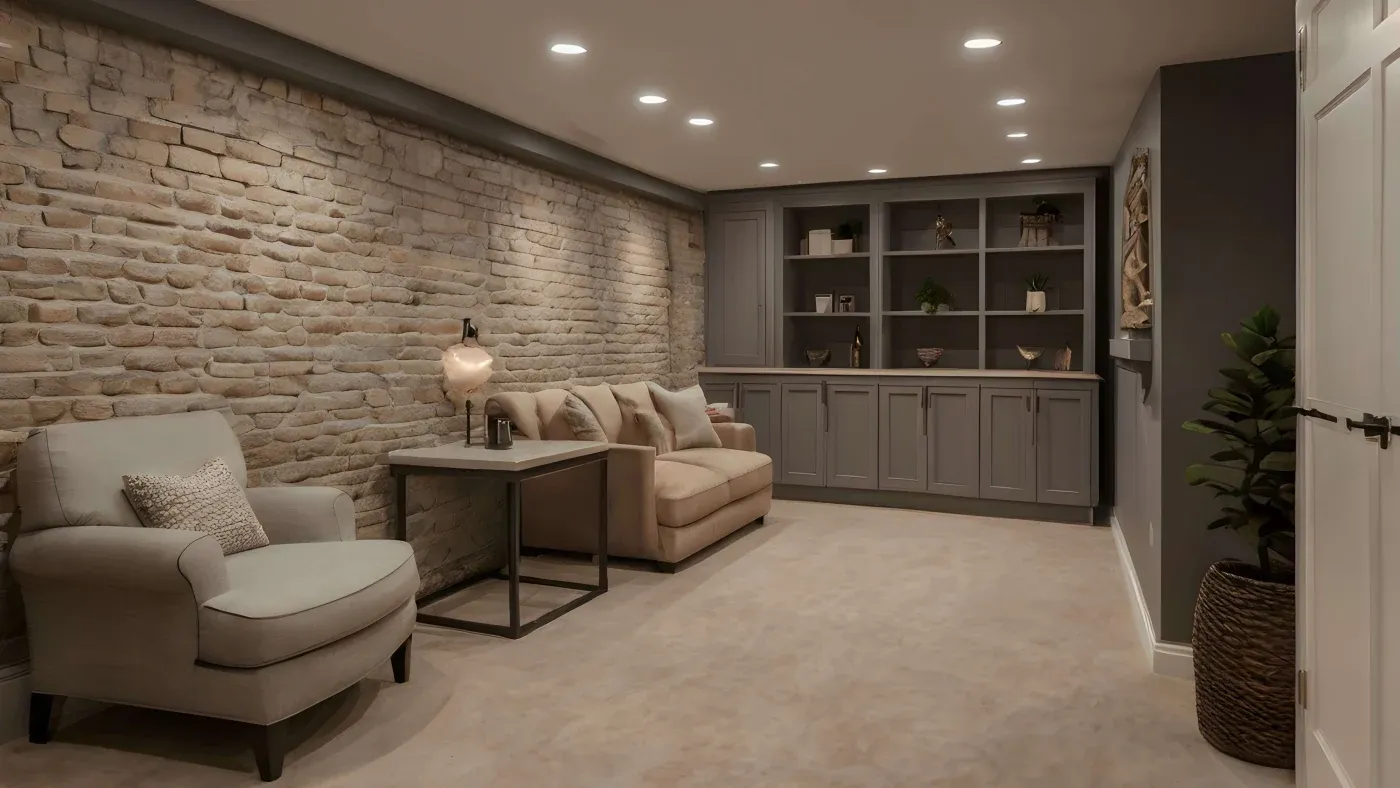 A cozy room with exposed brick walls features a beige armchair, a matching sofa, and a side table with a lamp. Gray shelves and plants add a modern touch.