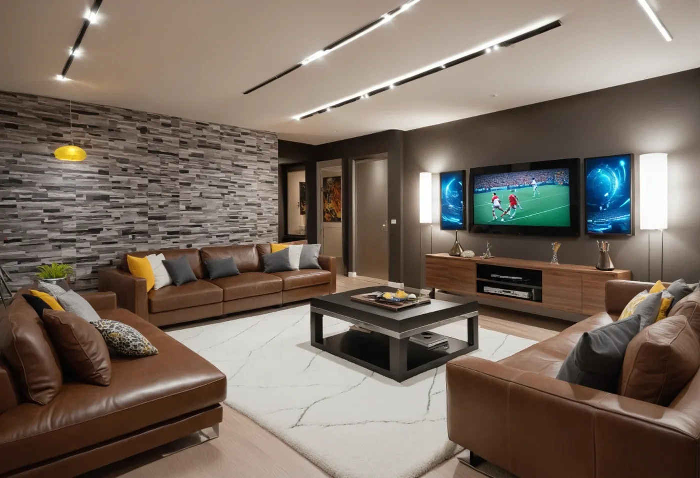 Modern living room with brown leather sofas, stone accent wall, and large TV displaying a soccer game. Ambient lighting creates a cozy atmosphere.