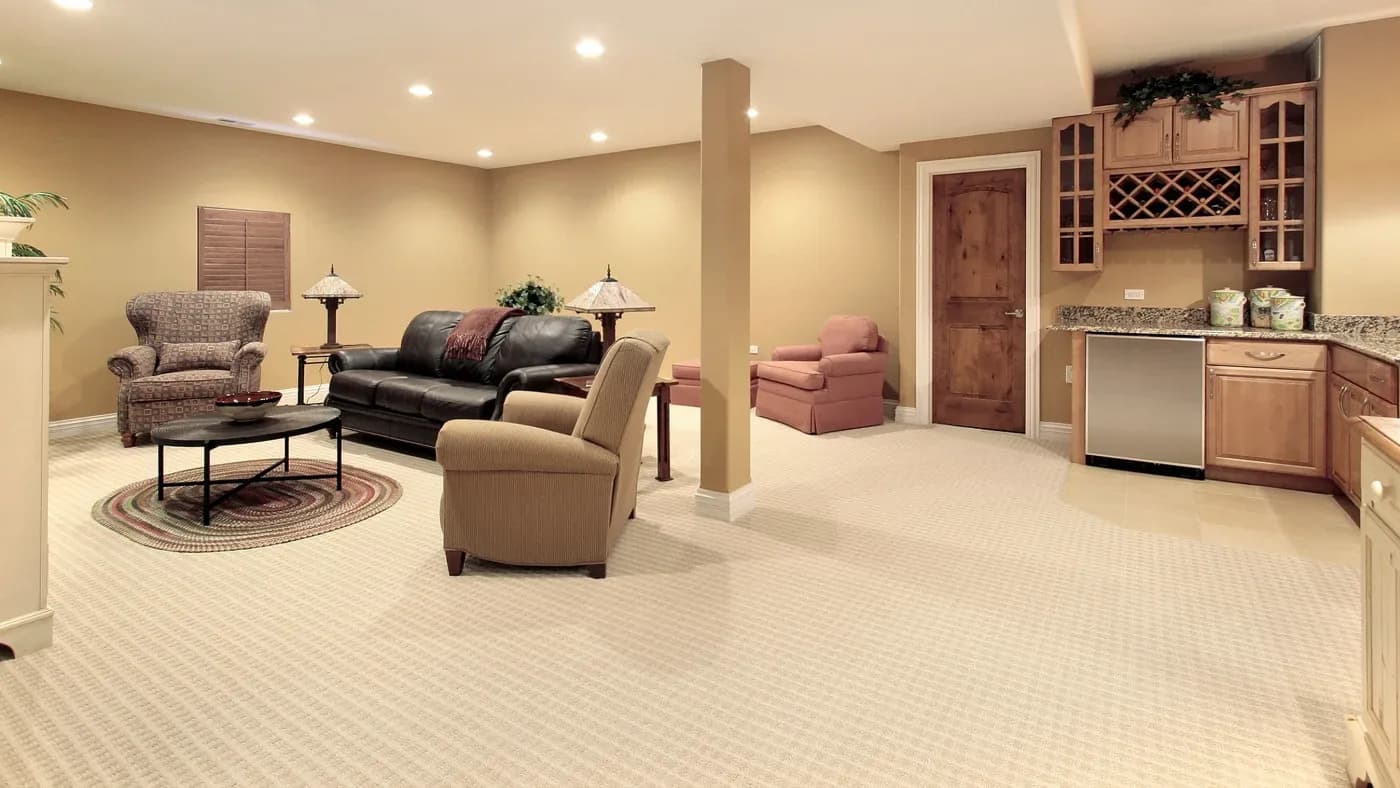 Spacious finished basement with beige walls and carpet. Features leather sofa, armchairs, a kitchenette with wood cabinets, and soft lighting. Cozy and inviting.