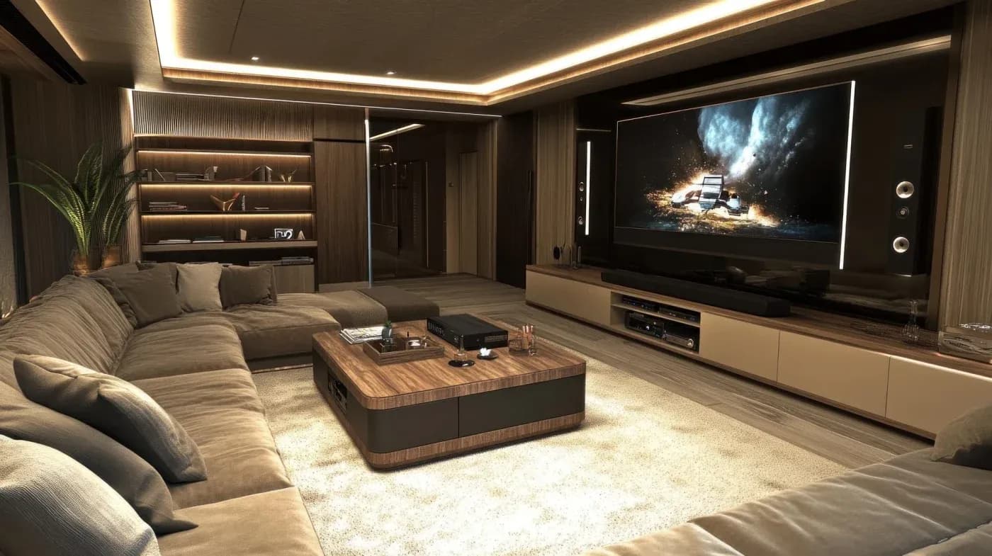 Luxurious home theater with a large screen displaying an action scene. Plush sectional sofa, modern wood accents, warm lighting, and cozy ambiance.