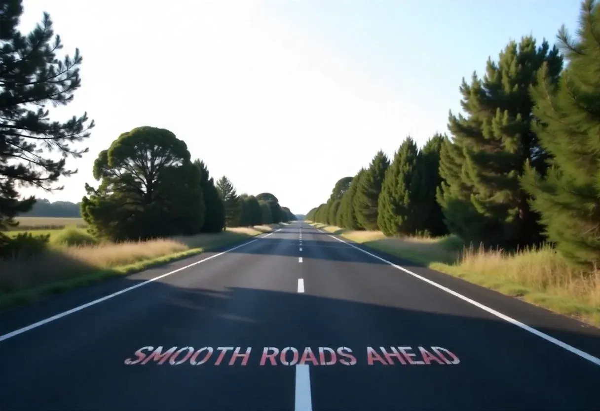 A straight, empty road flanked by tall, lush trees under a clear sky, with "Smooth Roads Ahead" painted in red on the pavement, conveying optimism.