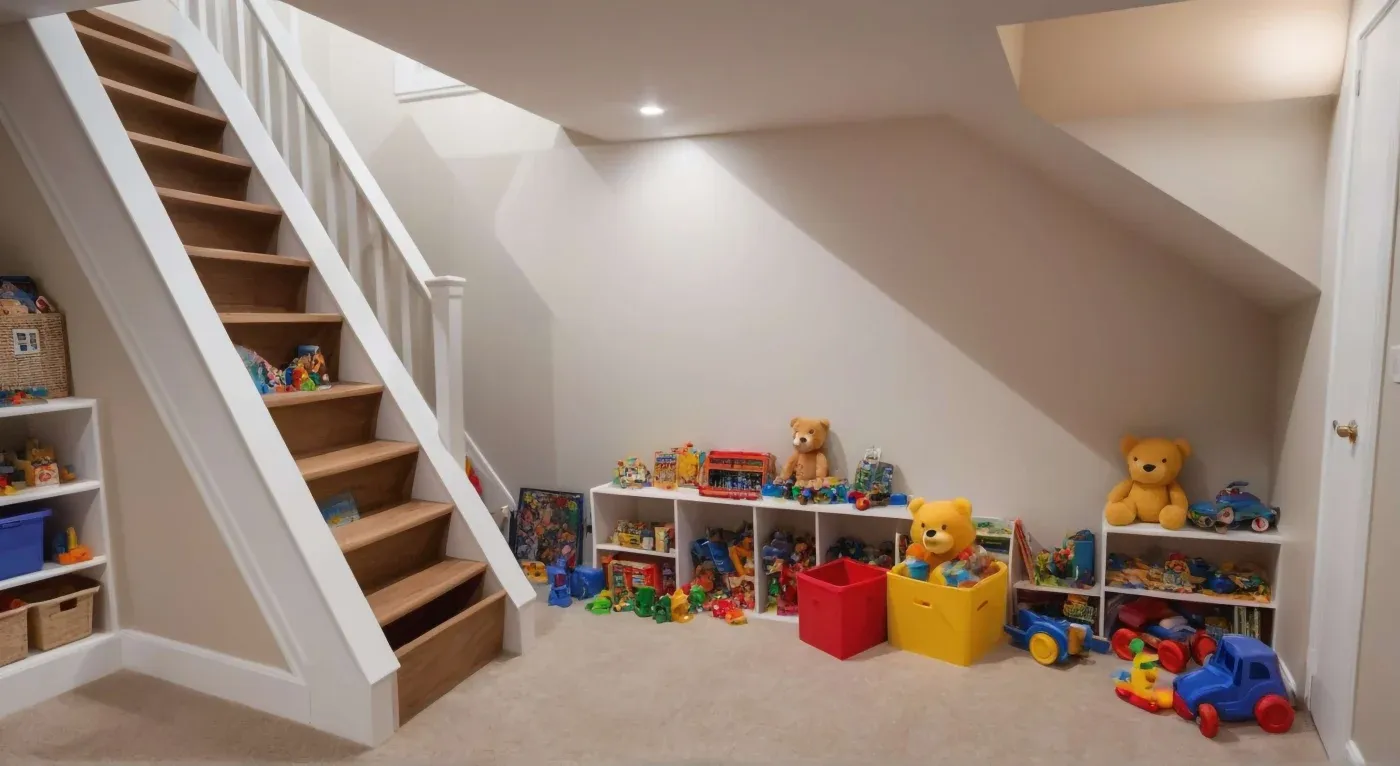 A well-organized playroom under stairs features shelves filled with colorful toys, teddy bears, and blocks, conveying a tidy and cheerful atmosphere.