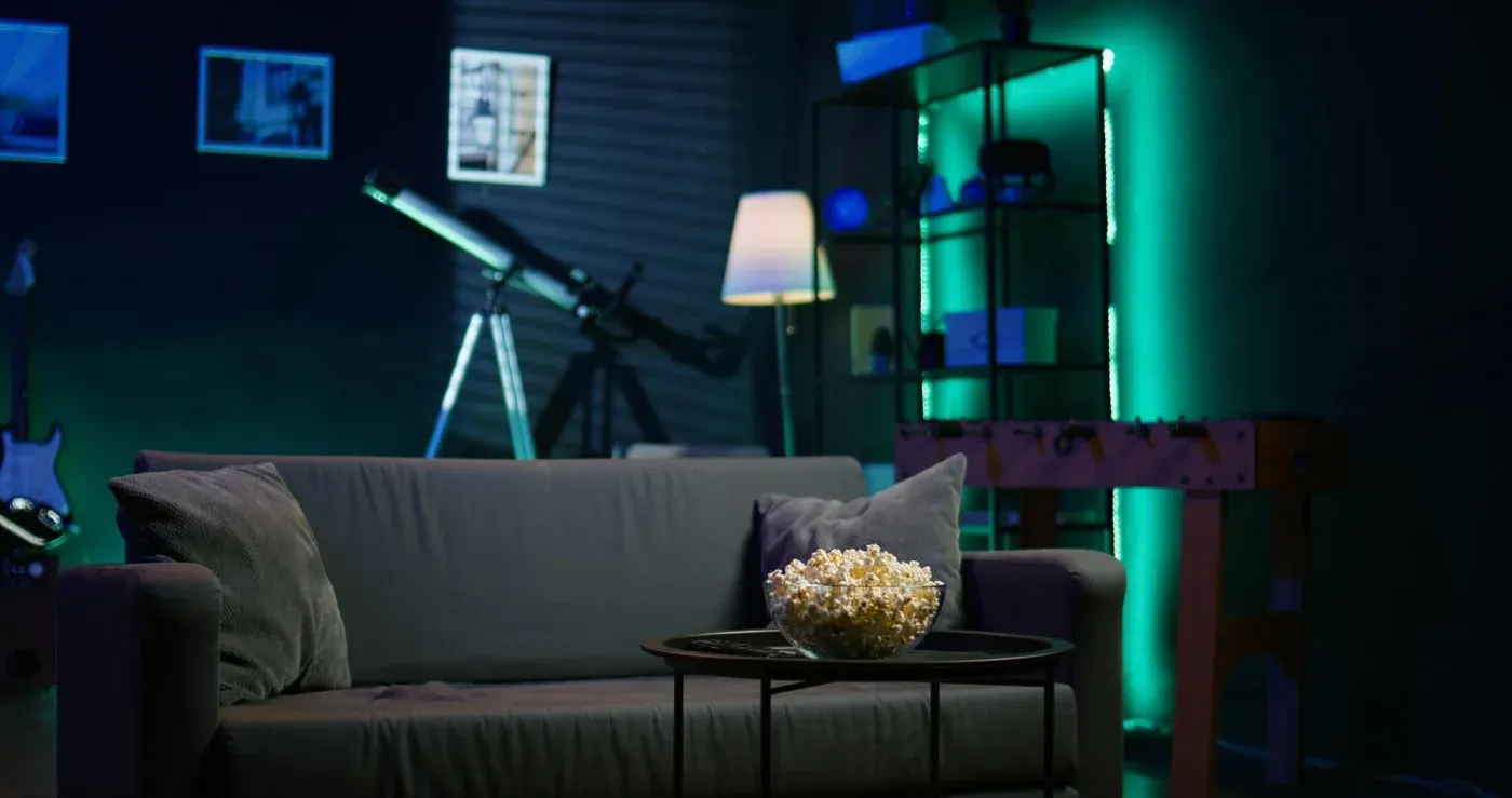 A cozy living room with a gray sofa, a bowl of popcorn on a table, dim lighting, a telescope, a guitar, and green ambient light, creating a relaxed vibe.