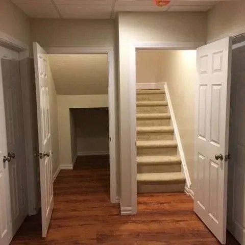 Two open doors reveal a narrow closet with hardwood flooring on the left and stairs with beige carpeting leading upward on the right. Neutral tones create a calm atmosphere.