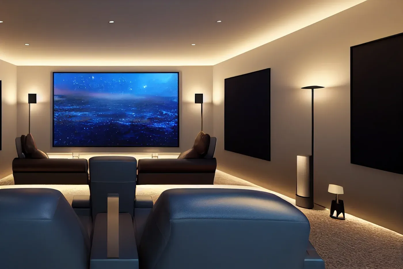 Stylish home theater with plush seating, a large screen displaying a serene ocean scene, ambient lighting, and modern decor creates a cozy atmosphere.
