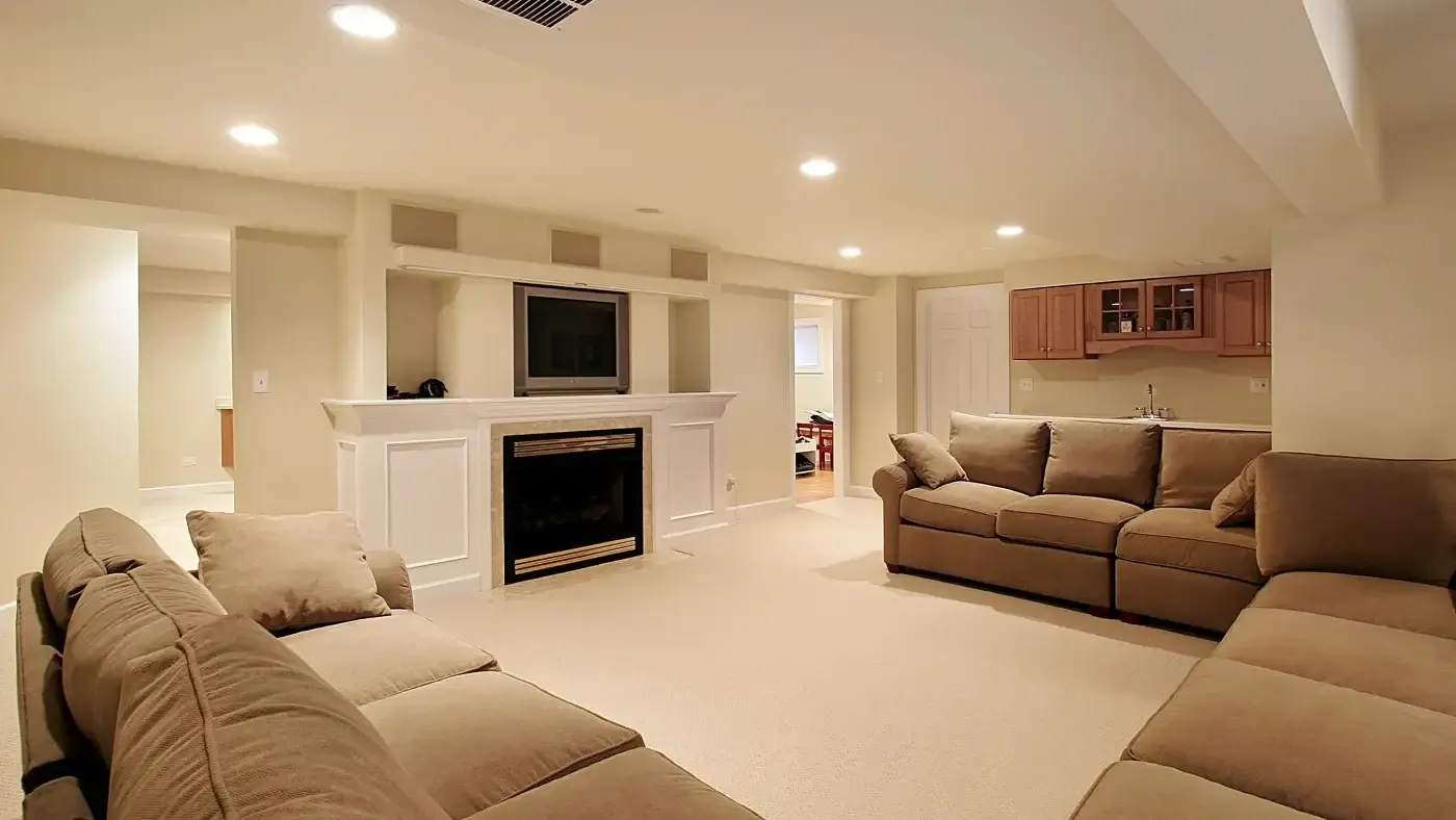 A cozy basement living room with beige walls and carpet. It features a fireplace and TV, three plush brown sofas, and a small kitchenette in the corner.