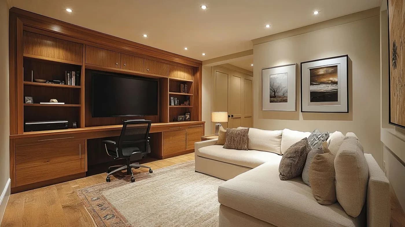 Warm living room with wood-paneled entertainment center, large TV, and bookshelves. Cream sectional sofa, cozy atmosphere with soft lighting and framed artwork.