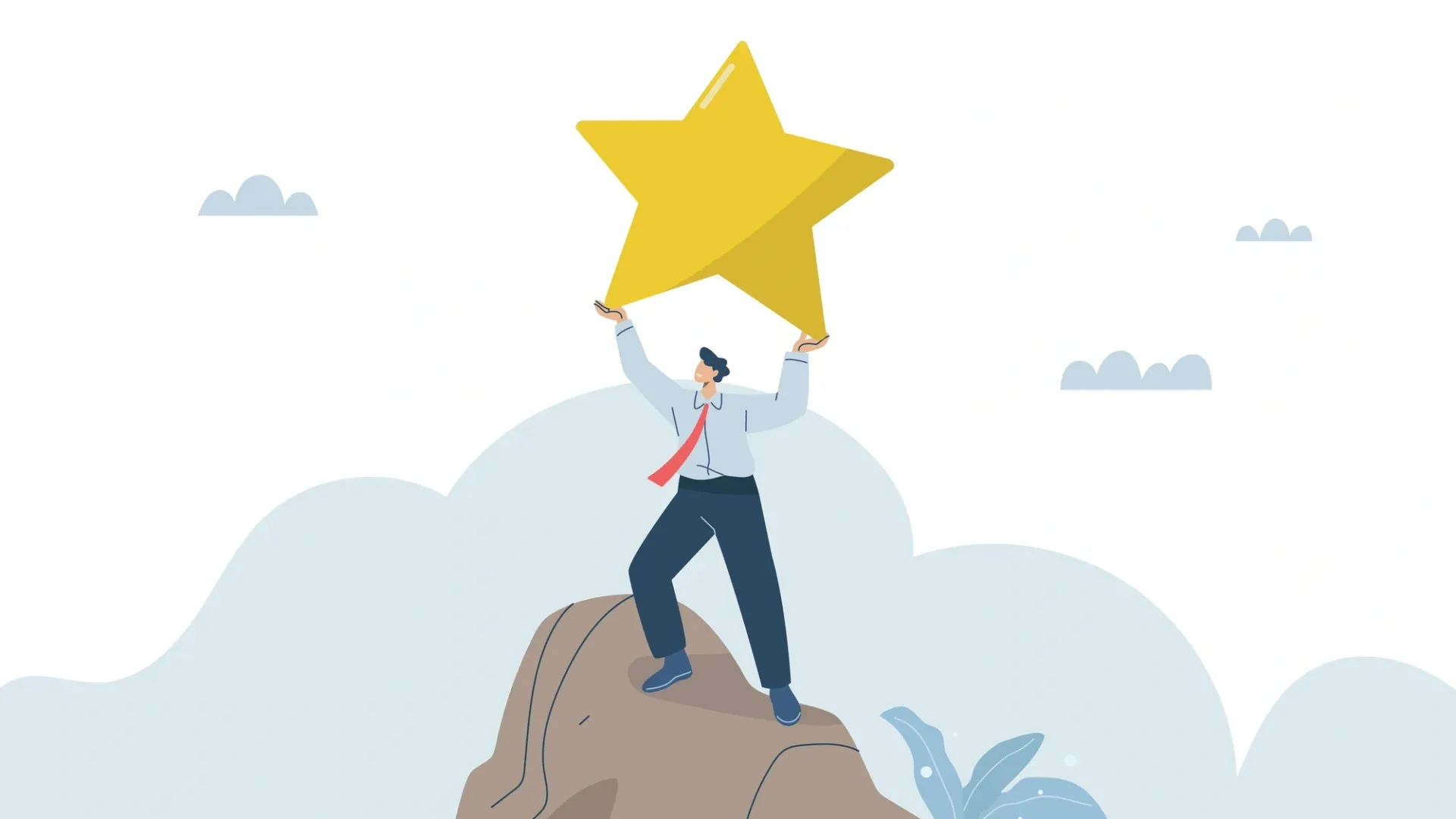 Illustration of a man in a suit and red tie standing on a rock, lifting a large yellow star above his head with both hands. The sky is light blue with clouds.