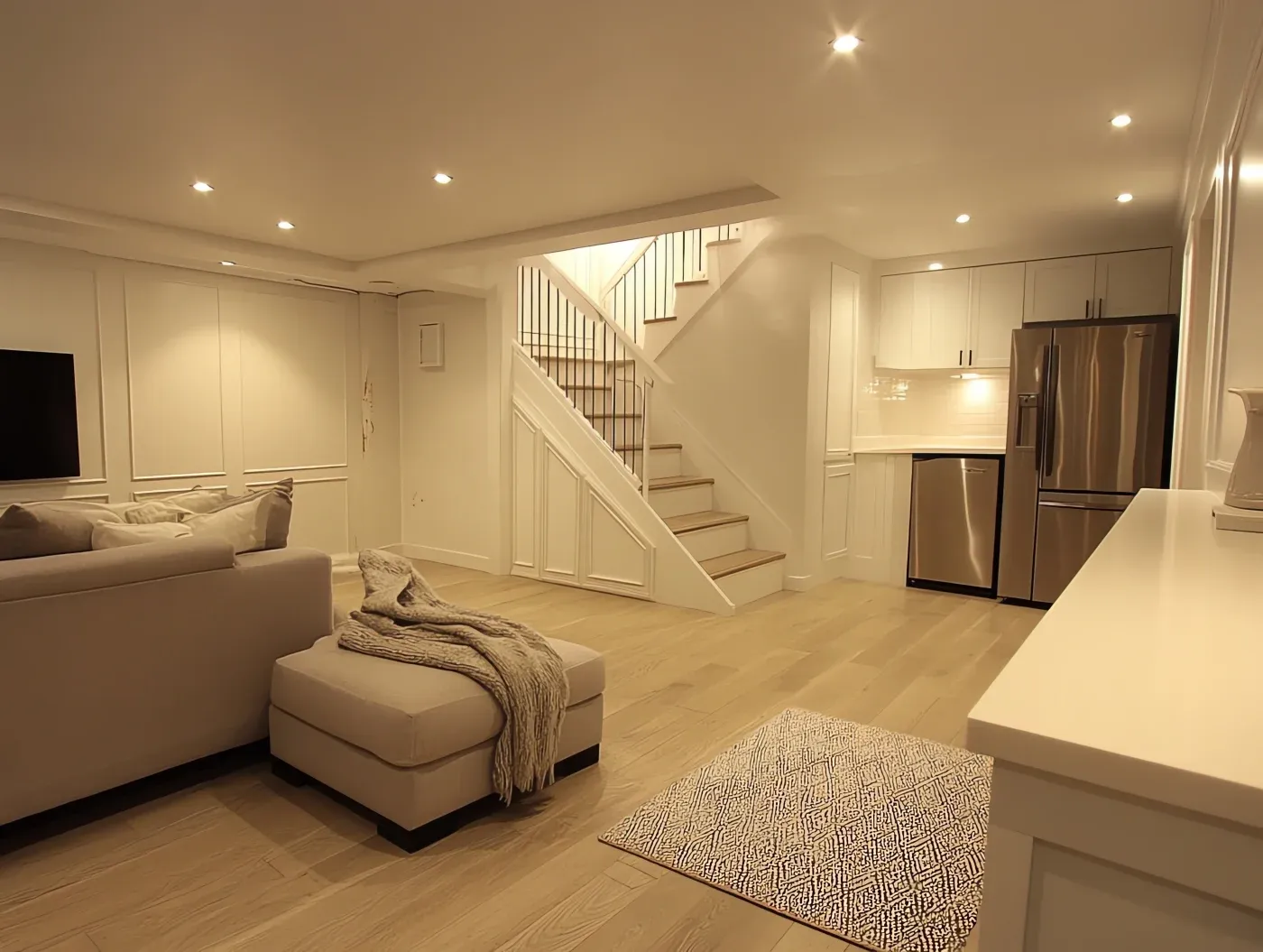 Modern basement with cozy beige sectional, soft lighting, staircase, and sleek kitchenette with stainless steel appliances; warm and inviting ambiance.