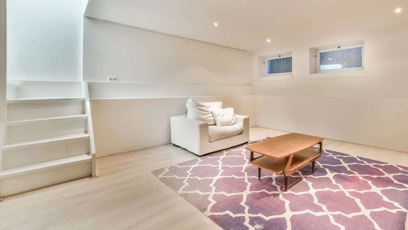 Minimalist basement living area with white walls and staircase. Features a white armchair, wooden coffee table, and purple geometric-patterned rug.