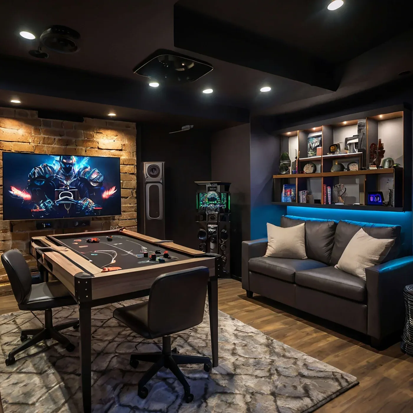 Cozy game room with a modern feel. Features a gaming table, two chairs, a large screen displaying a game, a sleek sofa, and illuminated shelves.