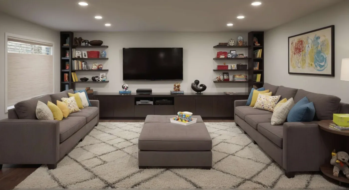 A cozy living room with gray sofas and colorful pillows facing a large TV. Shelves with books and decor flank the TV. Soft lighting creates a warm atmosphere.