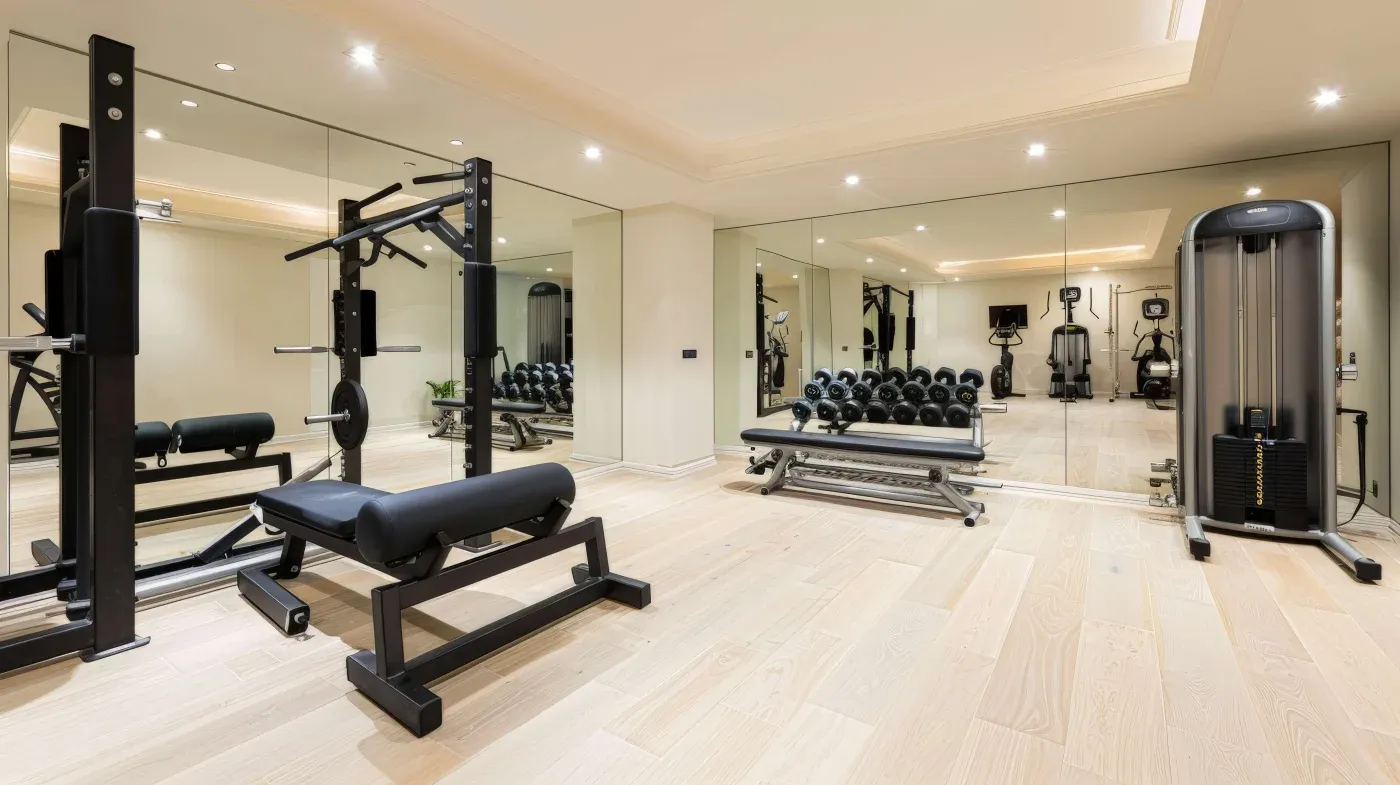 Modern home gym with light wood floors, mirrored walls, and ceiling lights. Equipment includes weights, benches, and machines, conveying a sleek, organized feel.