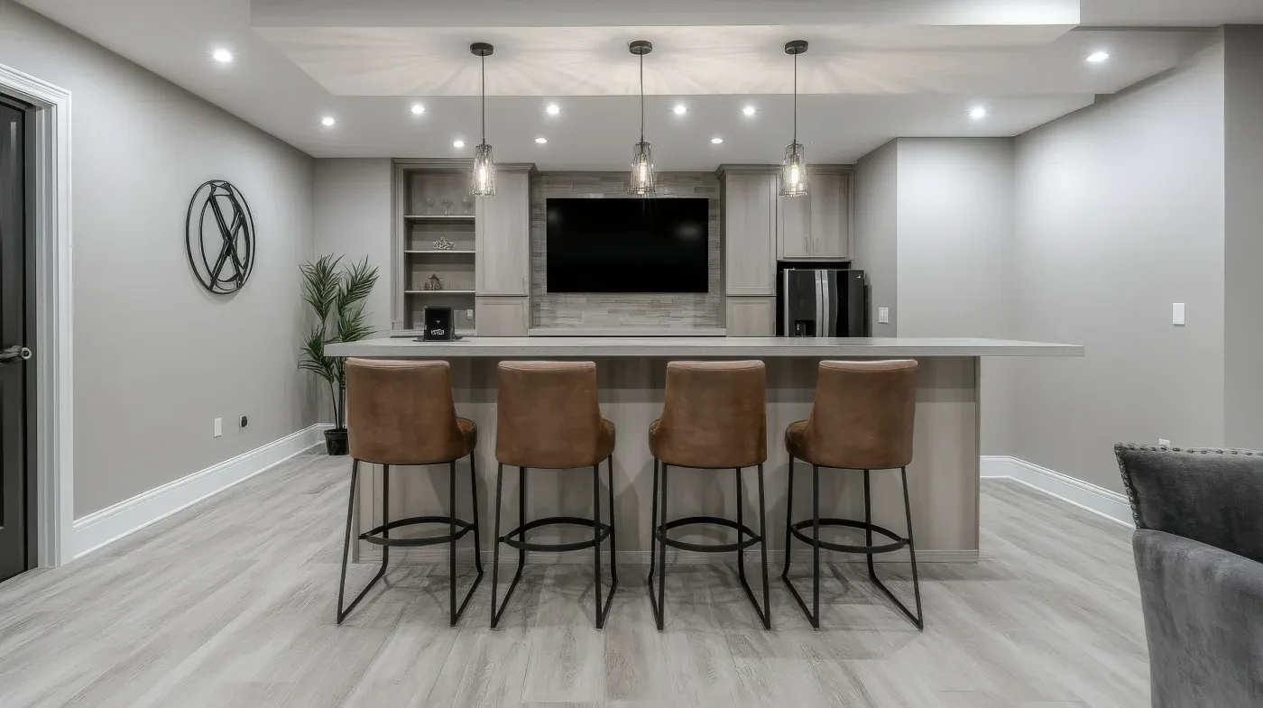 Modern home bar with a sleek design featuring four brown leather stools, pendant lights, a mounted TV, and neutral tones, conveying a minimalist elegance.