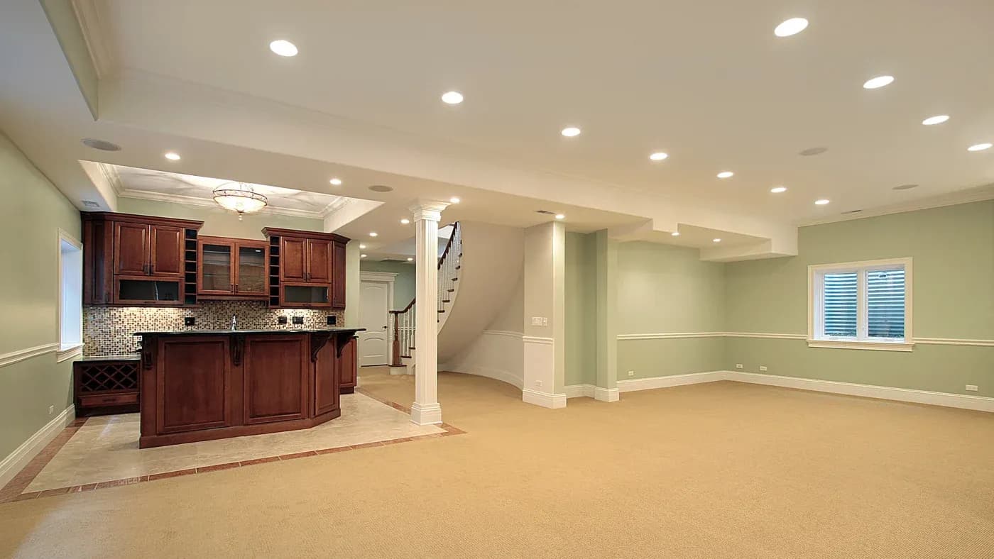 Spacious finished basement with soft green walls and recessed lighting. Features a wooden bar area, beige carpet, and a curved staircase. Elegant and inviting ambiance.
