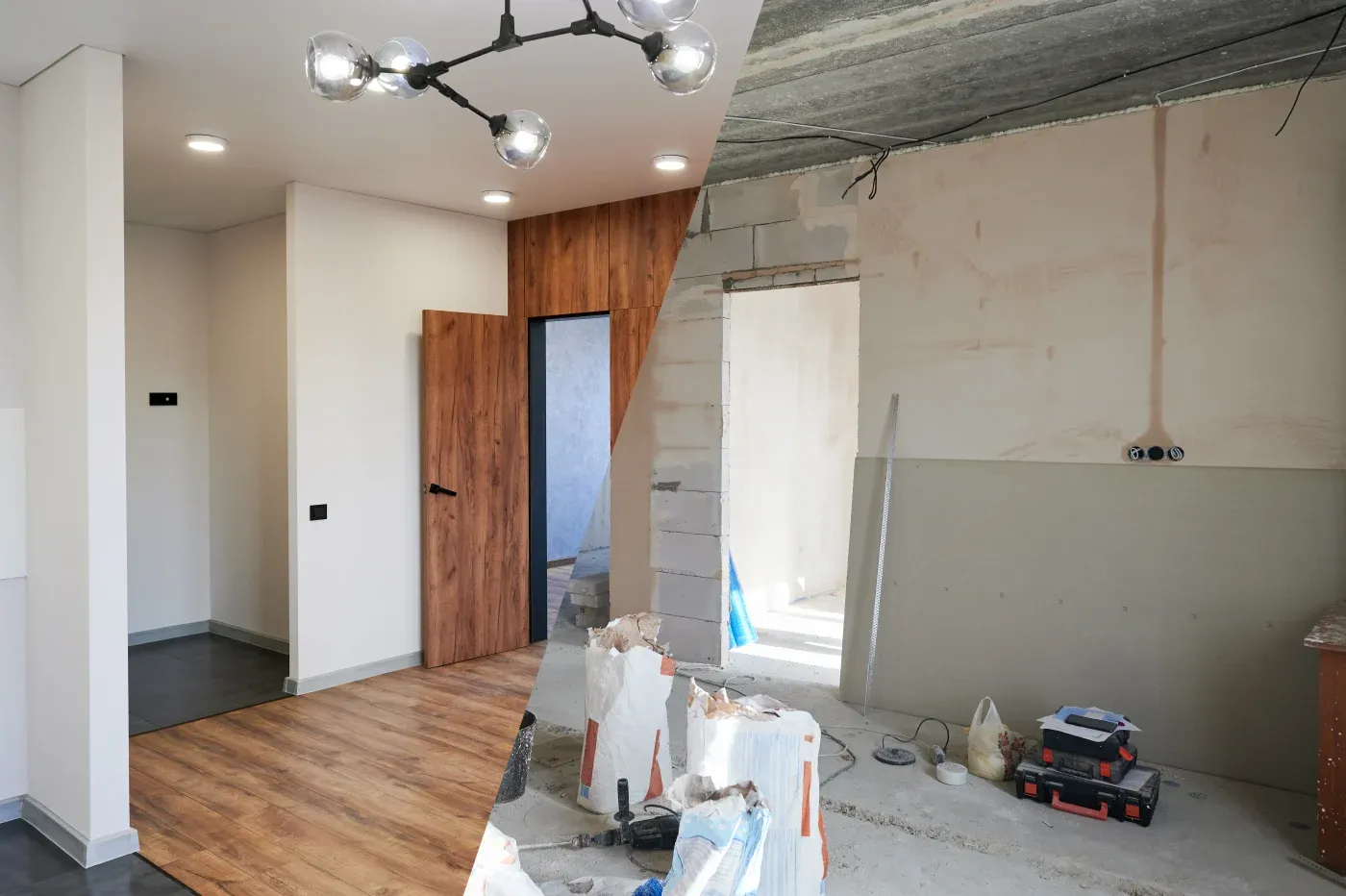 A split-image showing a home interior renovation: one half displays a polished, finished room with wooden flooring and modern lighting; the other shows an unfinished space with exposed walls and construction materials, indicating progress and transformation.