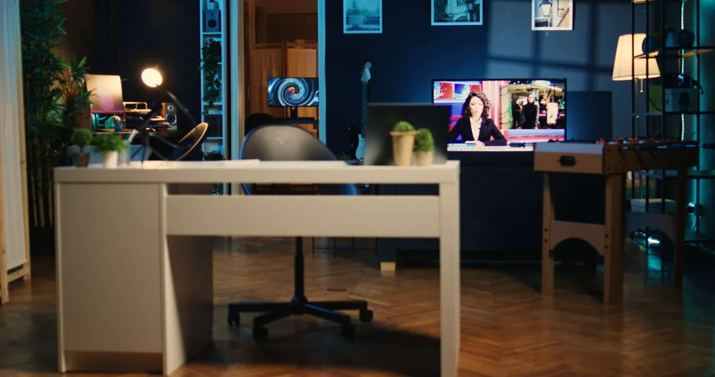 Modern office with white desk and potted plants, featuring a TV displaying a news anchor on a dark wall. A cozy work area is softly lit in the background.