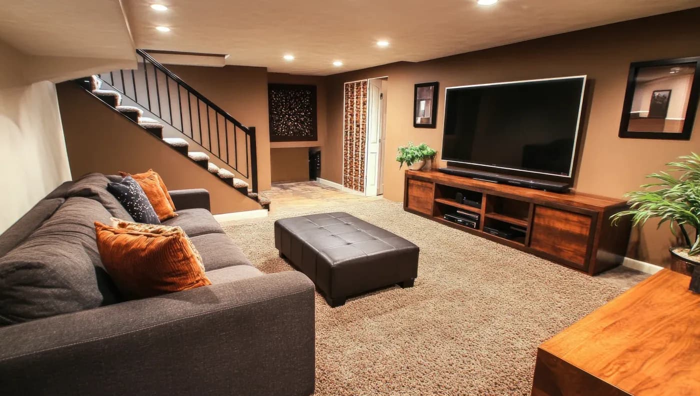 Cozy basement living room with beige walls, a large gray sofa, and orange cushions. A flat-screen TV sits on a wooden stand opposite the sofa.