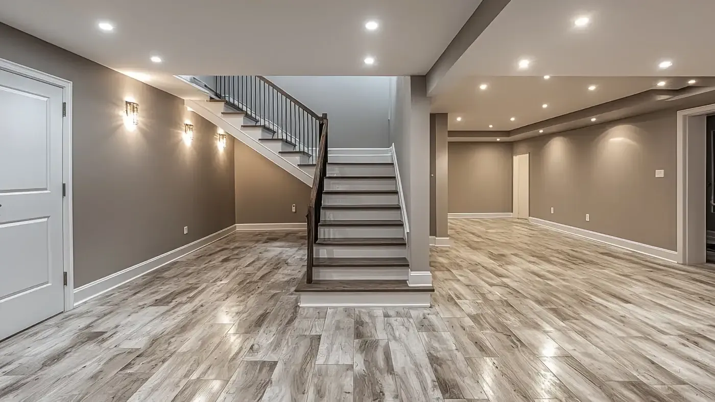Spacious modern basement with light wood flooring, neutral gray walls, recessed lighting, and a central staircase. Warm ambiance with wall sconces.