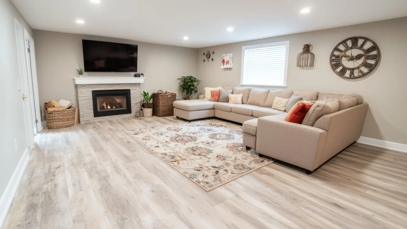 A cozy living room featuring a beige sectional sofa with colorful cushions, a patterned rug, a fireplace under a TV, and soft lighting, creating a warm ambiance.