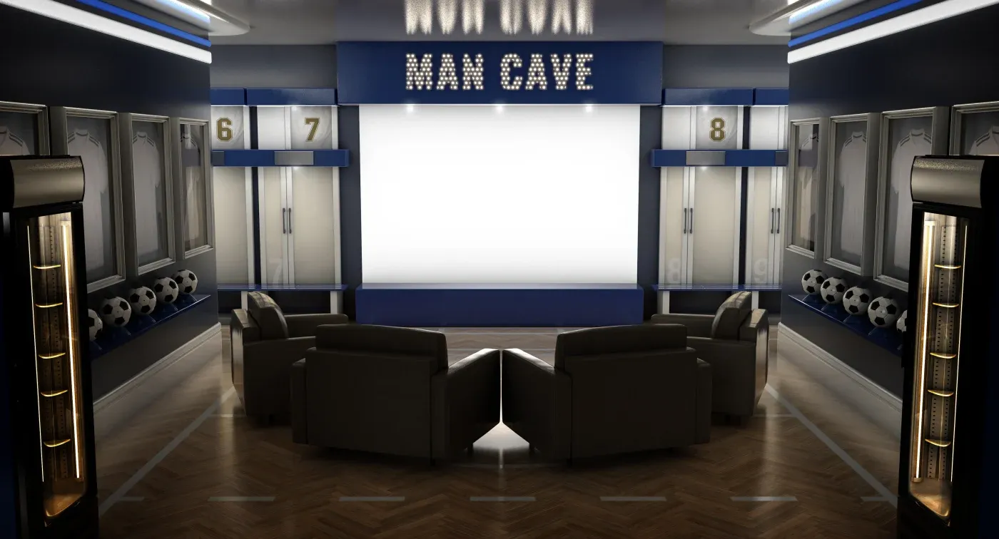 Modern "Man Cave" with dim lighting, featuring numbered lockers, framed jerseys, soccer balls, and four leather chairs around a large white screen. Cozy, sporty ambiance.