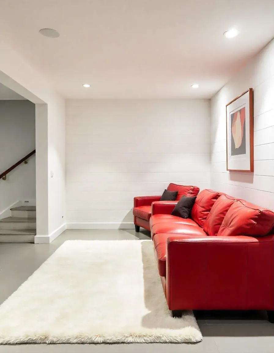 A modern room features a vibrant red leather sofa with black cushions against a white wall. A simple abstract painting hangs above, and a soft, cream rug covers the grey floor, creating a cozy, inviting atmosphere.