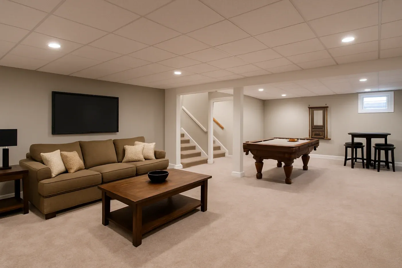 A cozy basement features a beige sofa, wooden coffee table, and a wall-mounted TV. To the right, a pool table and bar stools add a playful vibe.