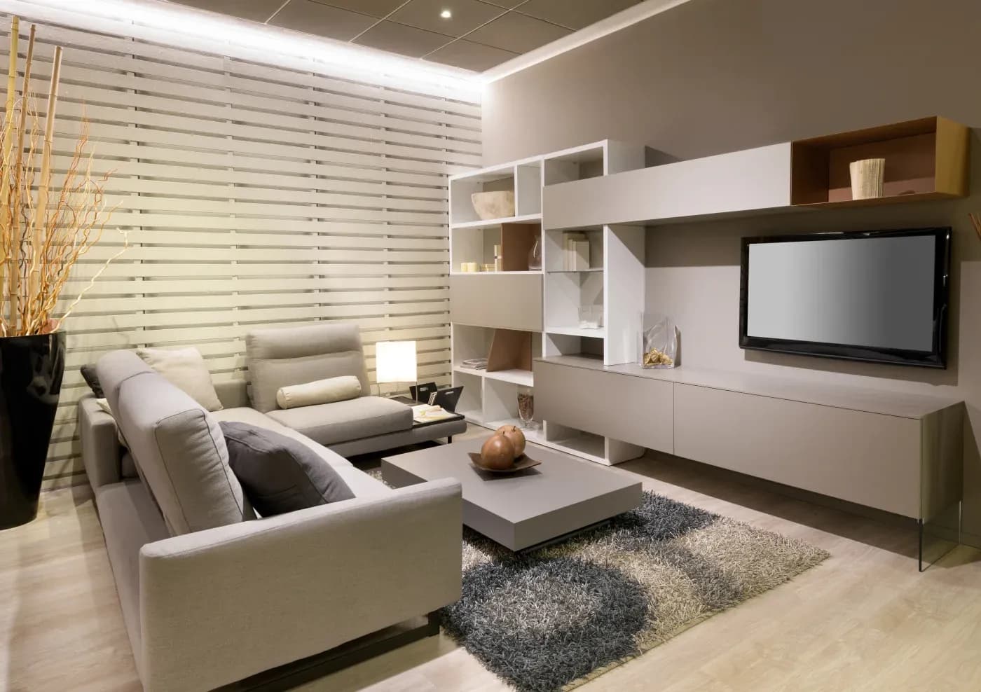 Modern living room with neutral tones, featuring a beige couch, flat-screen TV, and wall shelves. A coffee table with décor and a shag rug add warmth.