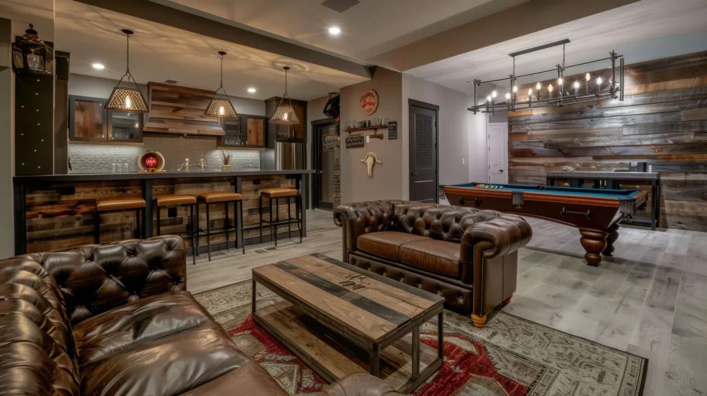 Rustic basement game room with brown leather sofas, a wooden coffee table on a patterned rug, a pool table, and a bar with metal stools and pendant lights.