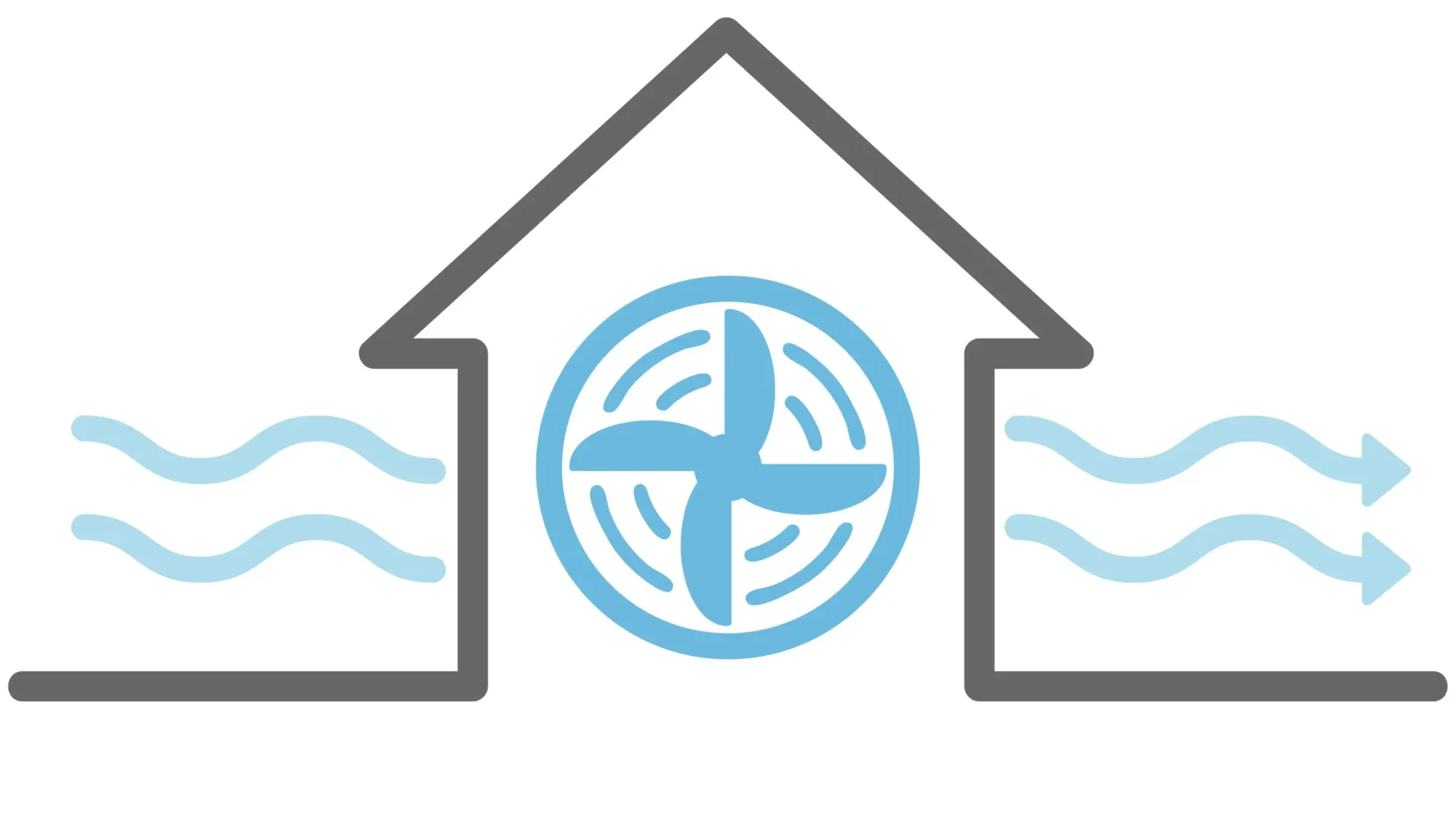 Icon of a house with a fan inside. Blue wavy lines depict airflow entering and exiting, symbolizing ventilation and air circulation.