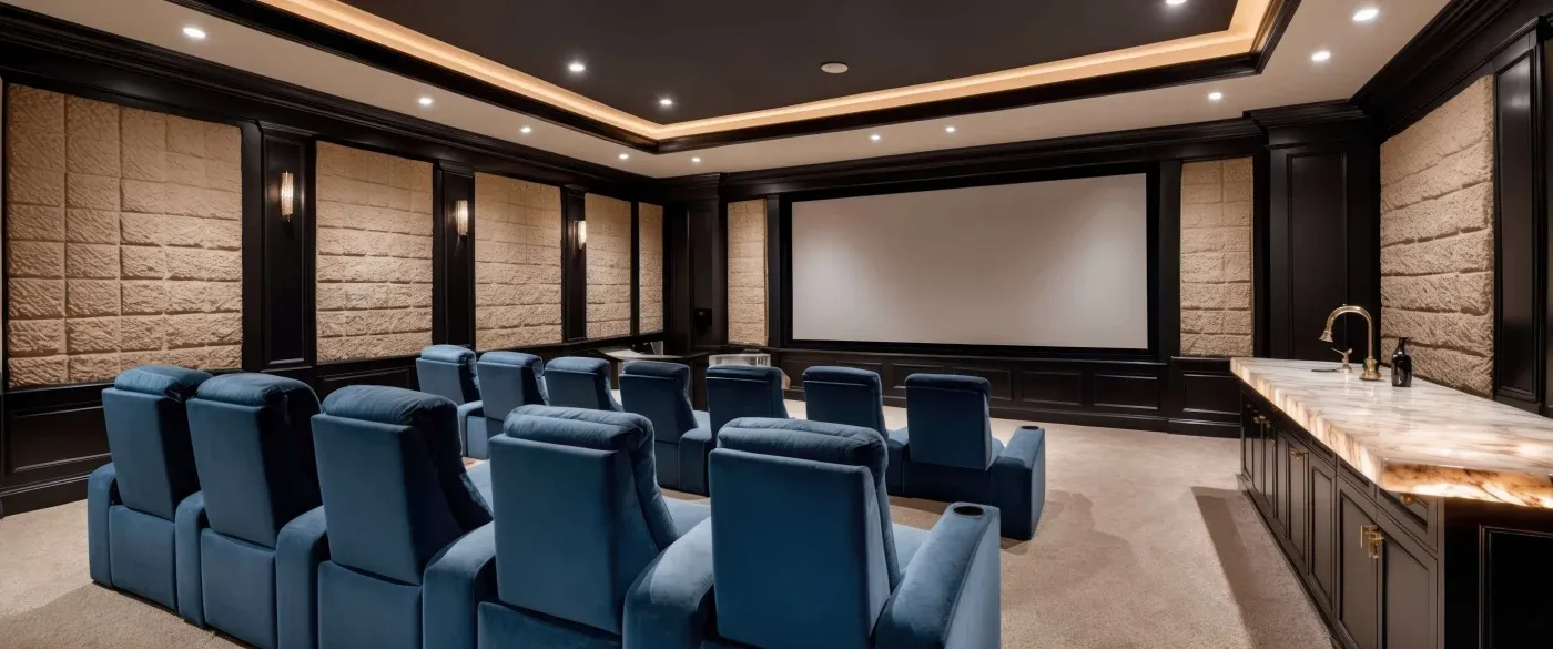 Luxurious home theater featuring plush blue recliners facing a large screen. Soft lighting, textured walls, and a marble-topped counter add elegance.