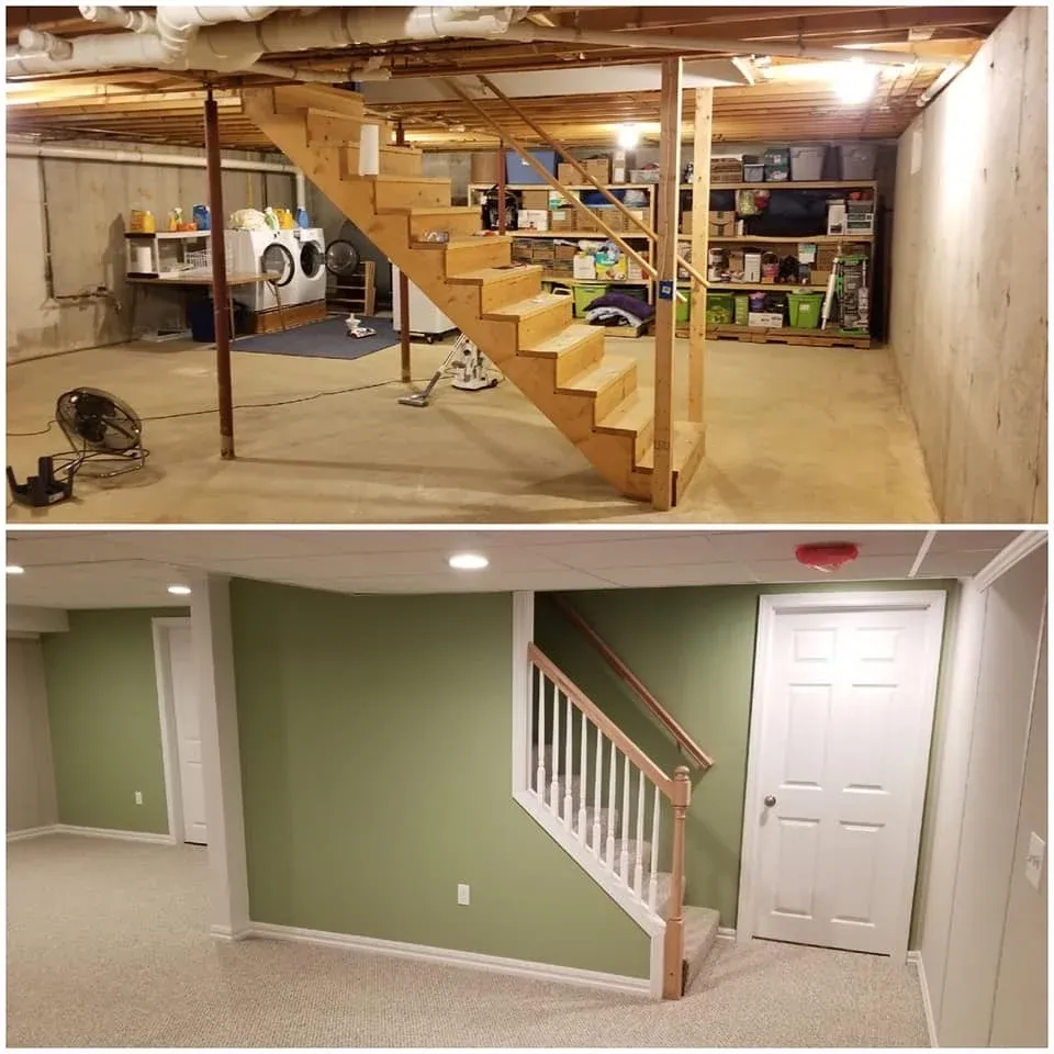 Basement transformation shows a cluttered, unfinished space with exposed beams and storage, converted to a finished room with green walls and carpet.