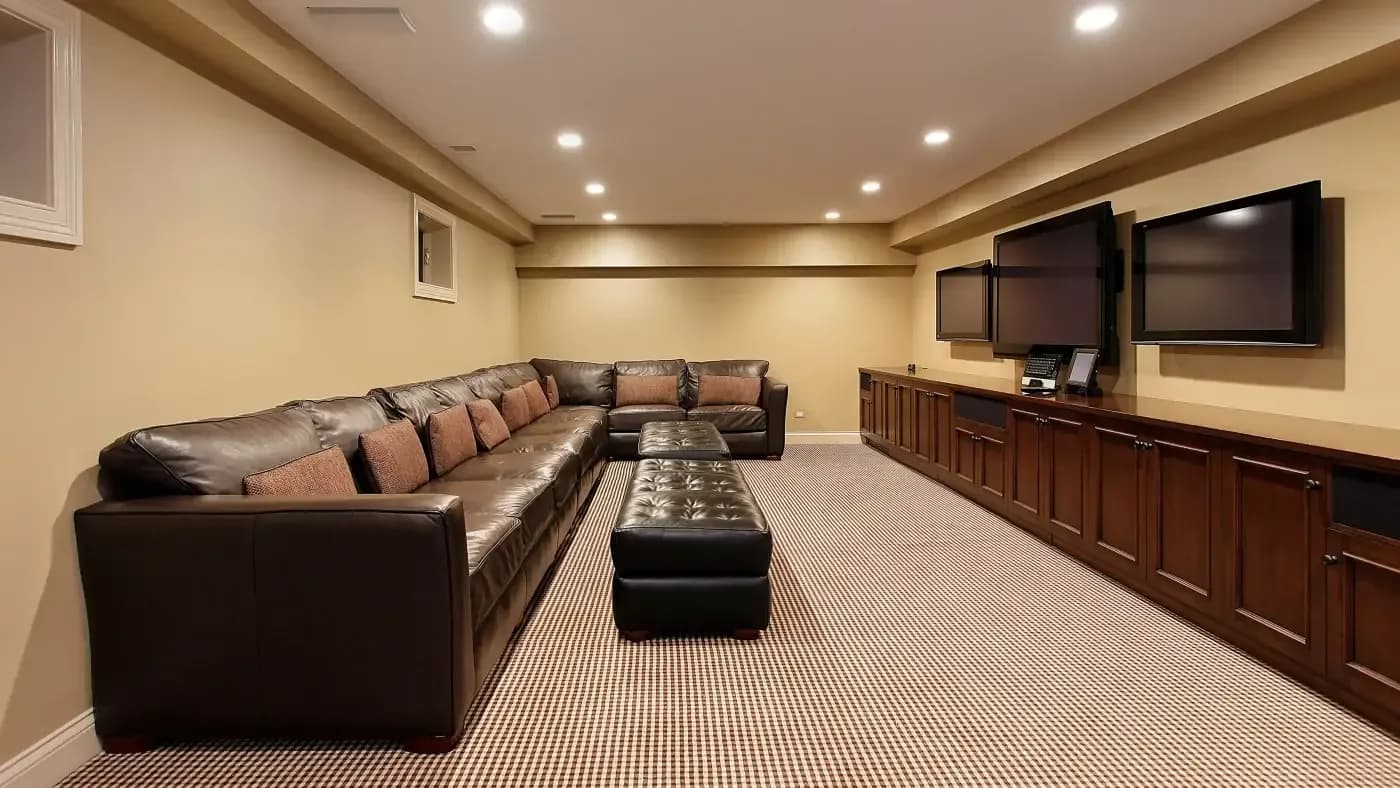 A spacious home theater with a large L-shaped brown leather sofa and an ottoman facing multiple wall-mounted screens. The warm lighting creates a cozy ambiance.