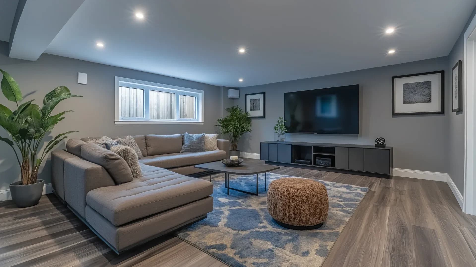 Modern living room with a gray sectional sofa, blue patterned rug, large TV on a sleek stand, wooden coffee table, and indoor plants. Cozy ambiance.